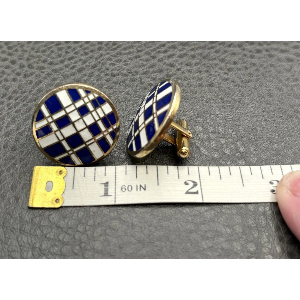 Vintage Gold Tone Blue Enamel Plaid Pattern Modernist MCM Enamel Cufflinks